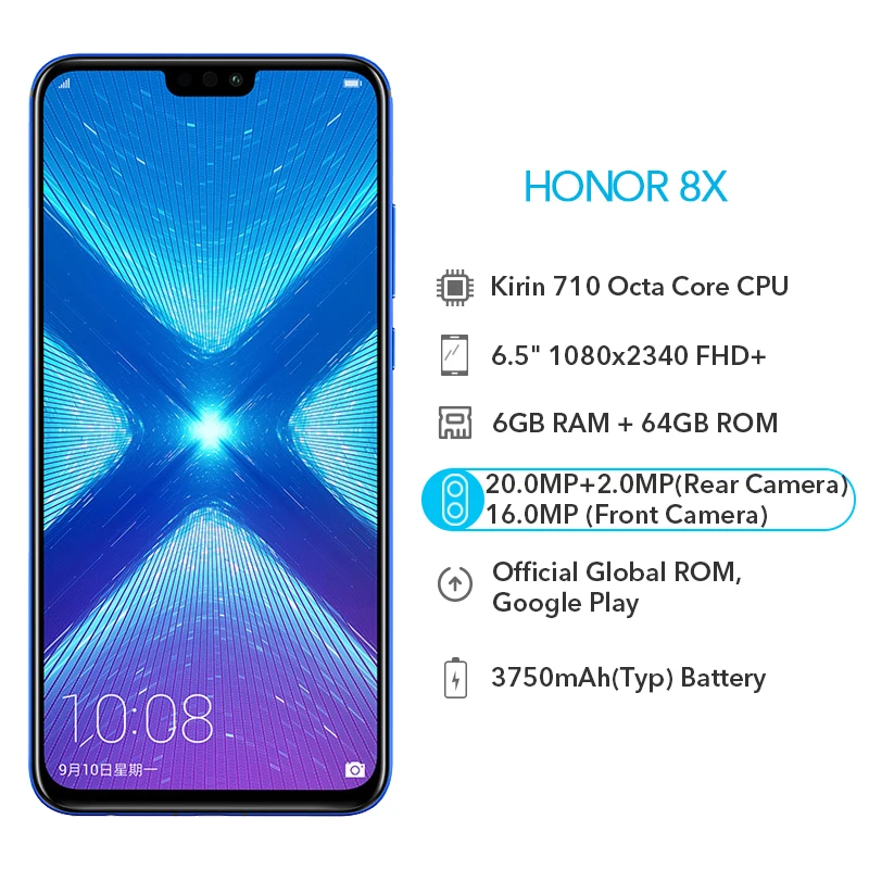 Honor 8X8X6 ГБ ОЗУ 64 Гб ПЗУ Google Play Kirin 710 Восьмиядерный 20 МП Двойная камера 6 5 &quot1080x2340 p