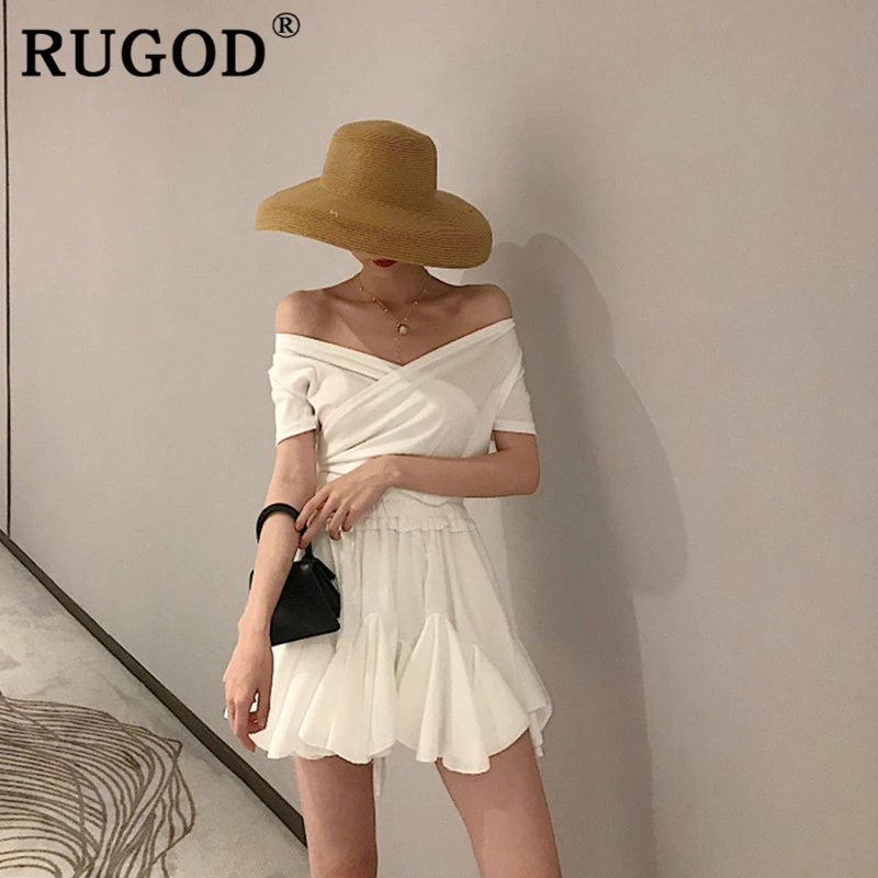 Женский костюм с юбкой RUGOD белый со шнуровкой и оборками в Корейском стиле летняя