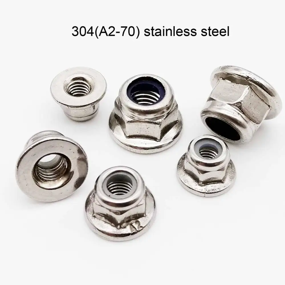 304 stainless steel 2/10X M3 M4 M5 m6 m8 m10 m12, черный углерод, 304 A2-70, нержавеющая сталь, шестигранный фланец, нейлоновая вставка, замок, гайка, самоблокирующийся фиксатор Nylock - Цвет: 304 stainless steel