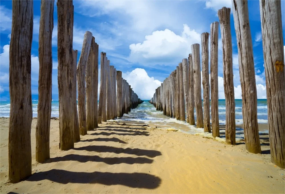

Laeacco Tropical Sea Beach Sand Wood Array Cloudy Blue Sky Scenic Photographic Backgrounds Photography Backdrops Photo Studio
