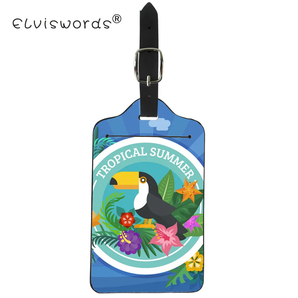 

ELVISWORD Тукан птица Чемодан бирка, держатель для ID, адреса, ярлык на листья тропической пальмы, ярлык на багаж чемодан из ПУ-кожи Портативный эт...