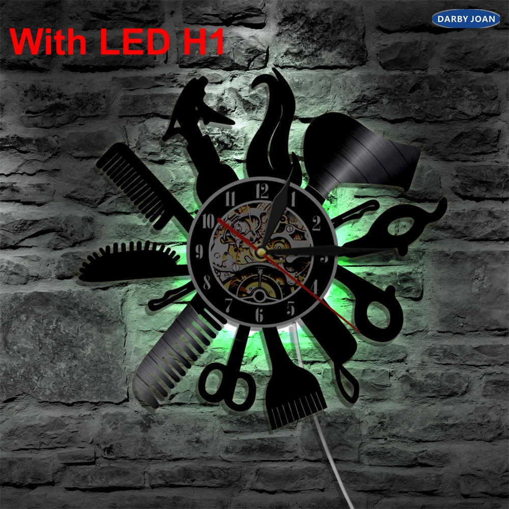 Парикмахер барбершоп Салон Led виниловые часы настенный светильник изменение