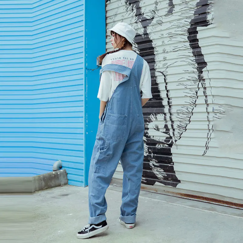 Женский джинсовый комбинезон с высокой талией Свободный широкими штанинами в