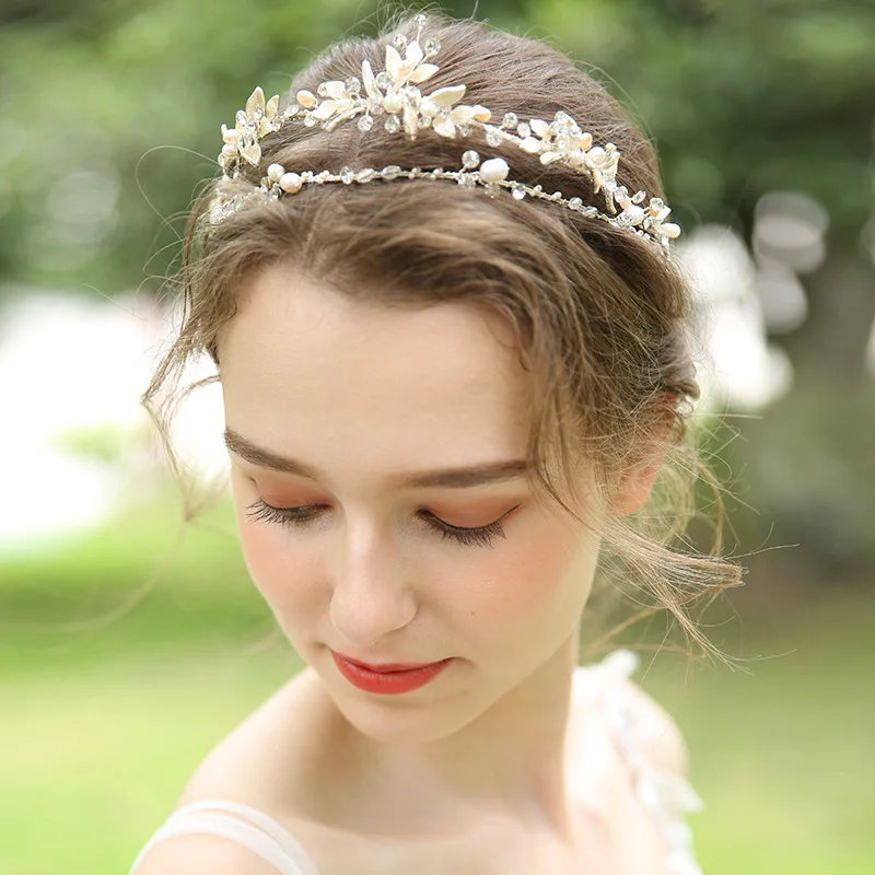 SLBRIDAL Серебряные стразы кристалл натуральным жемчугом свадебное украшение на голову для волос лоза аксессуары для волос подружки невесты Для женщин ювелирные изделия