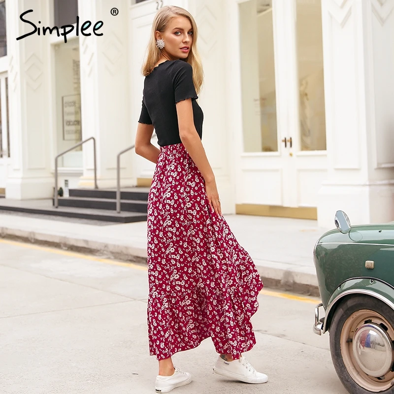 Simplee цветочный принт красная Бохо длинная юбка Женская Русалка Высокая талия
