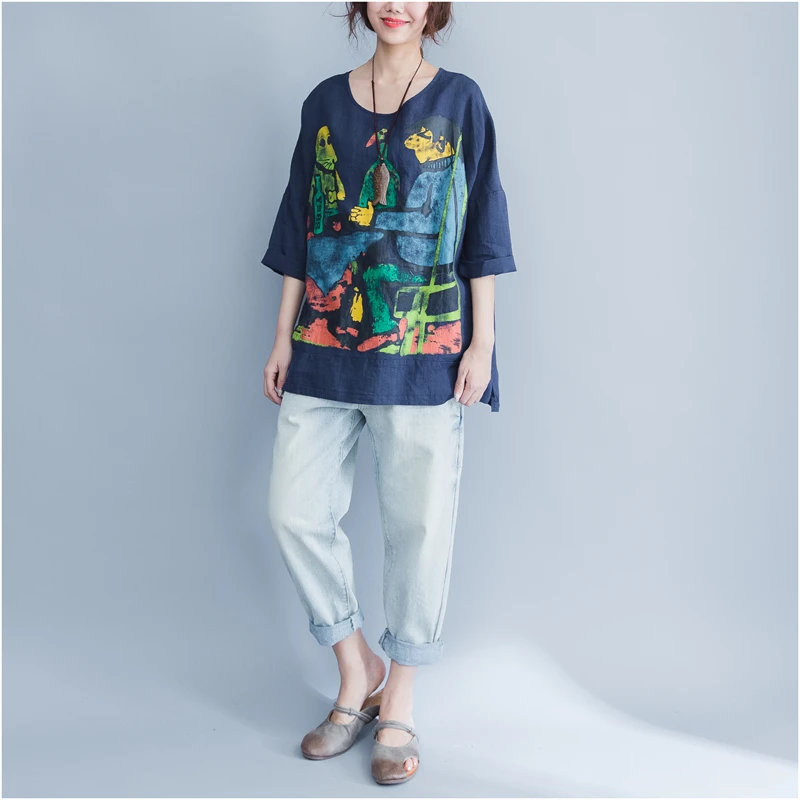 Большие размеры 2018 летние женские модные хлопковые и льняные топы с мультяшным