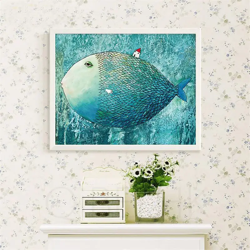 Синий фон Милая Рыба свежий и лодка скандинавский декоративный холст живопись
