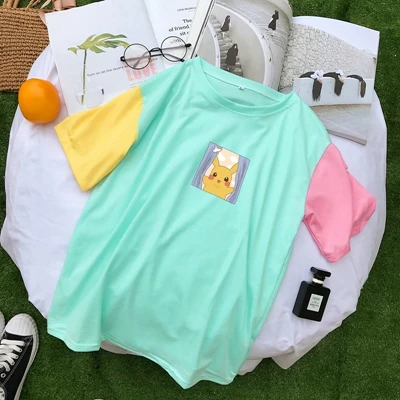 green Пастельный цвет блок для женщин Harajuku футболка Kawaii с принтом в стиле Пикачу мультфильм Хлопок Лоскутная футболка Летняя уличная Kpop PSDX-121 - Цвет: green