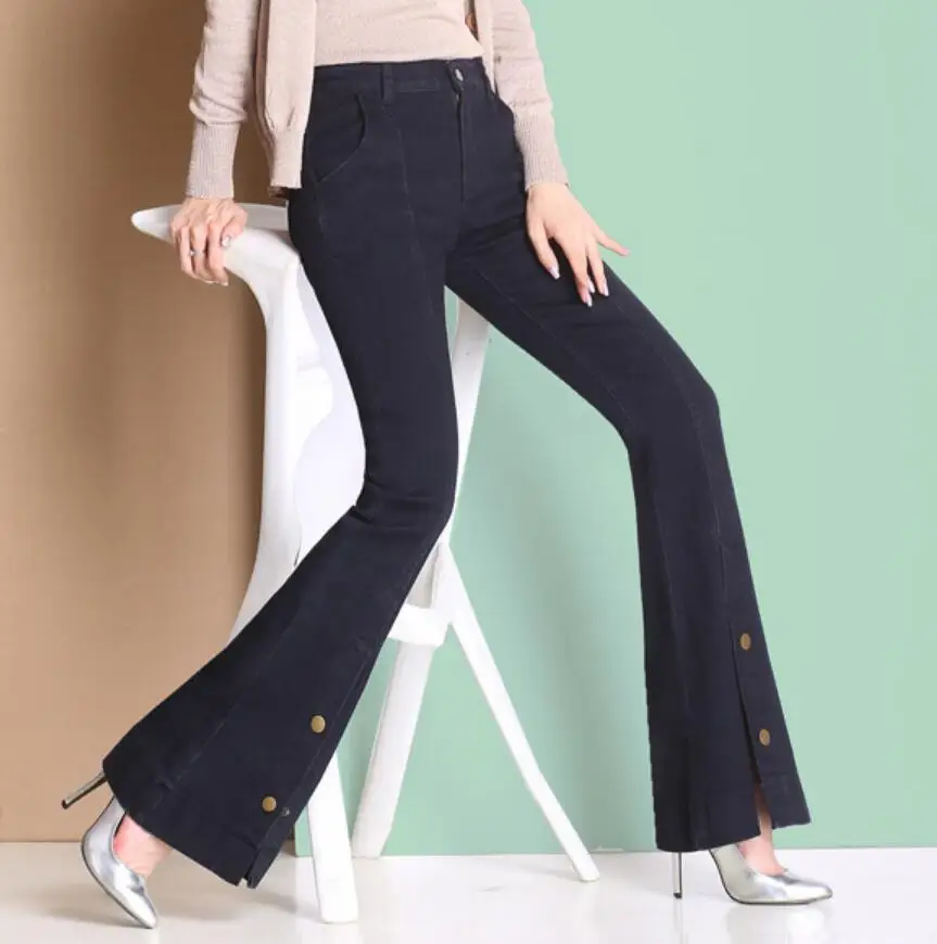 2019 Spring and Autumn new women's high waist flare jeans slim split trumpet trousers denim pants plus size r1477 |