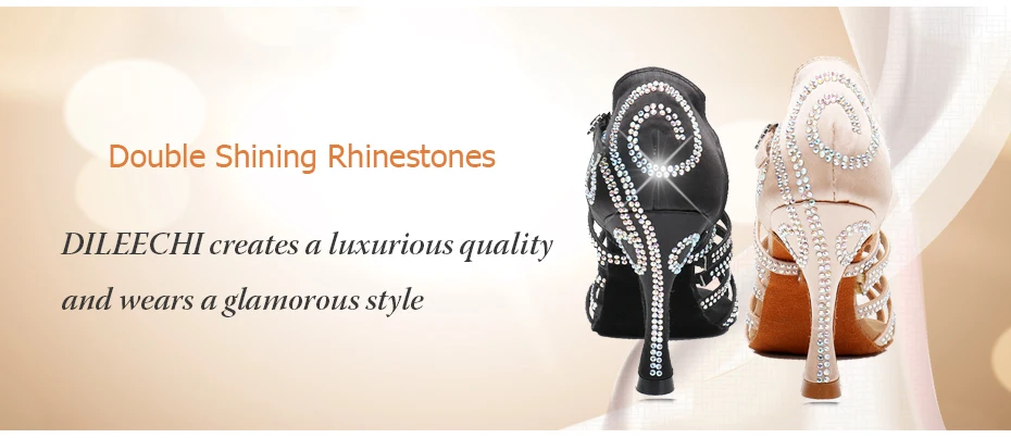 DILEECHI Latin dance shoes double Rhinestone shining Skin Black satin women Ballroom dancing shoes Cuba heel 9cm New Arrival