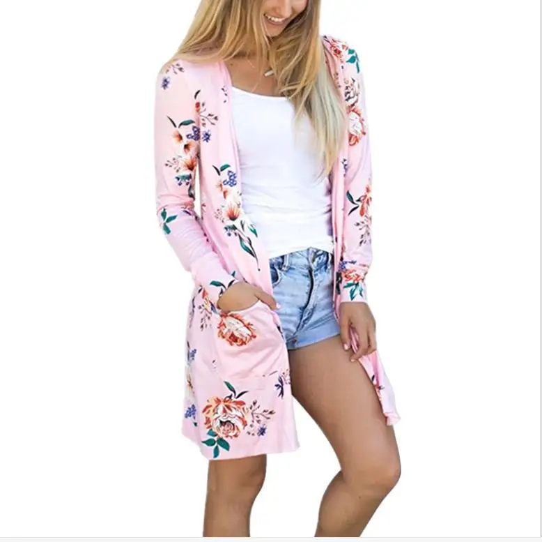 Pink Летнее пальто женское кимоно куртка повседневная Цветочная куртка-кардиган Свободное пальто с длинными рукавами Топы майка-туника Mujer Femme - Цвет: Pink