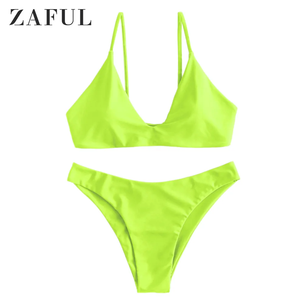 Green Yellow ZAFUL, спортивный комплект бикини с бантиком спереди, с глубоким вырезом сзади, зеленый, пуш-ап, простой купальник с накладкой на грудь,, летний женский сексуальный комплект бикини - Цвет: Green Yellow
