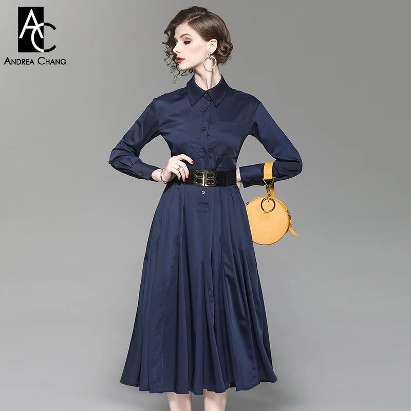 Осенне весеннее женское платье темно синее длиной до икры с поясом А силуэта