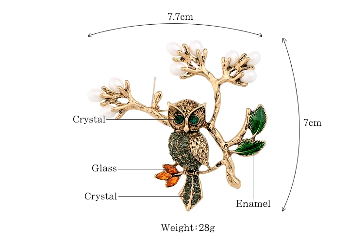 Оптовая цена 2017 Новинка античное золото цвет кристалл Сова зеленая Эмаль Листья