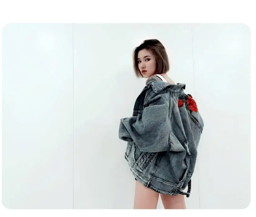 

Plus size 2019 men and women lovers spring and autumn new three-dimensional rose embroidery hole retro denim jacket