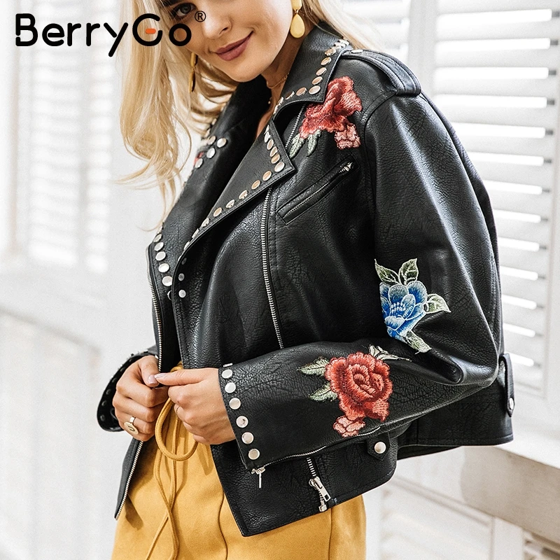BerryGo/женские Базовые Куртки из искусственной кожи с цветочной аппликацией и заклепками; уличная черная верхняя одежда на молнии; осеннее пальто из искусственной кожи