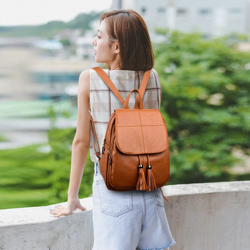 Женский кожаный рюкзак на плечо винтажный вместительный для путешествий