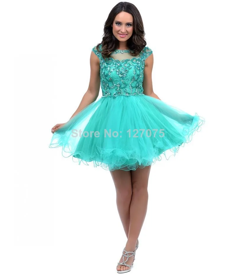 New Arrival ! Free Shipping 2014 Hunter Unique Scoop Sequin Beads Lace Tulle Ball Gown Above Knee Homecoming Dress |