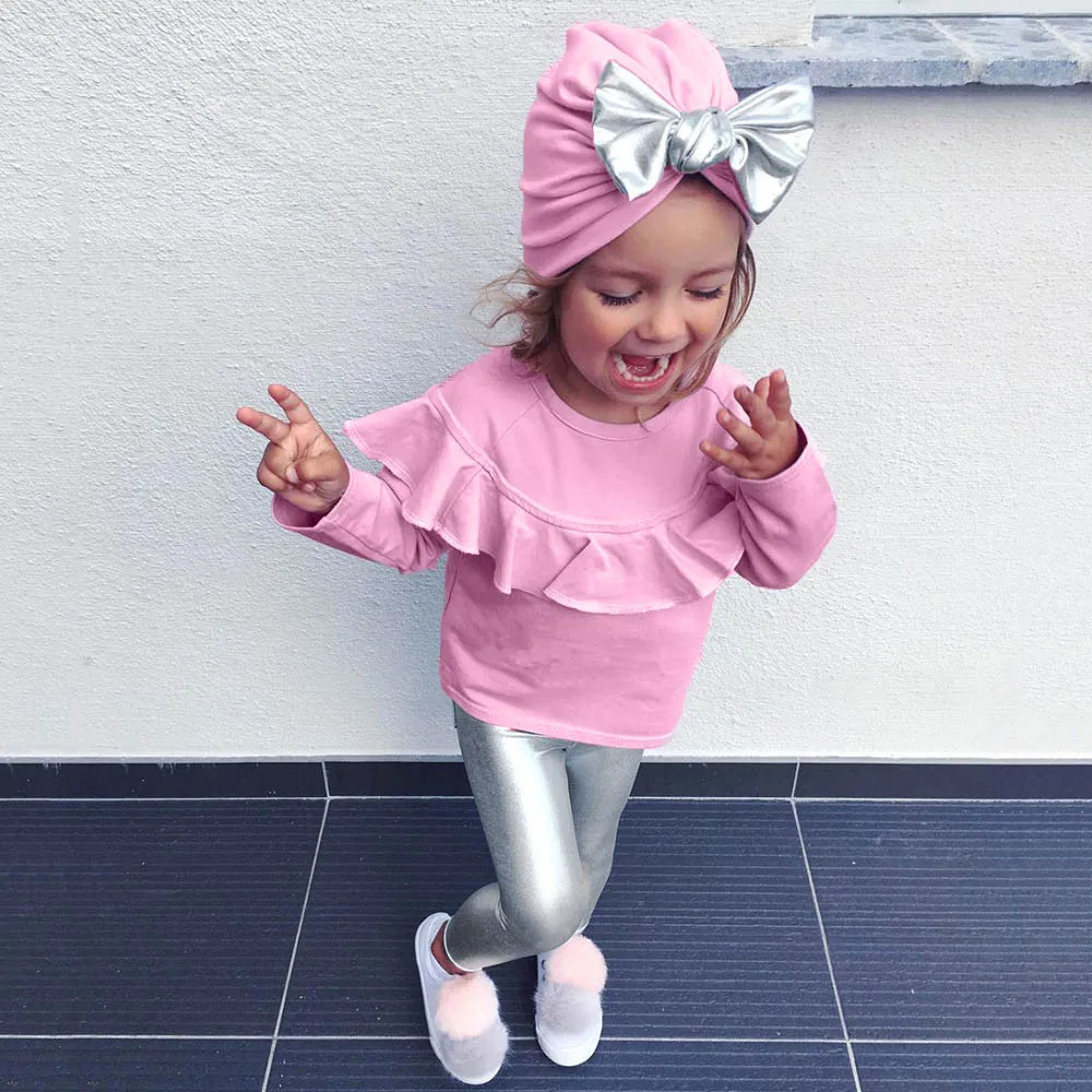 3Pcs Baby Girl Clothing Set Long Sleeve Ruffles Pink Top+ Silver Leather Leggings Pants +Bow Hat Outfits Kids Clothes T# | Мать и ребенок