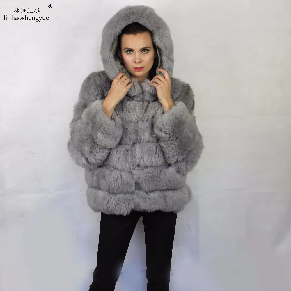 Linhaoshengyue Длина 60 см натуральный Лисий мех пальто с капюшоном