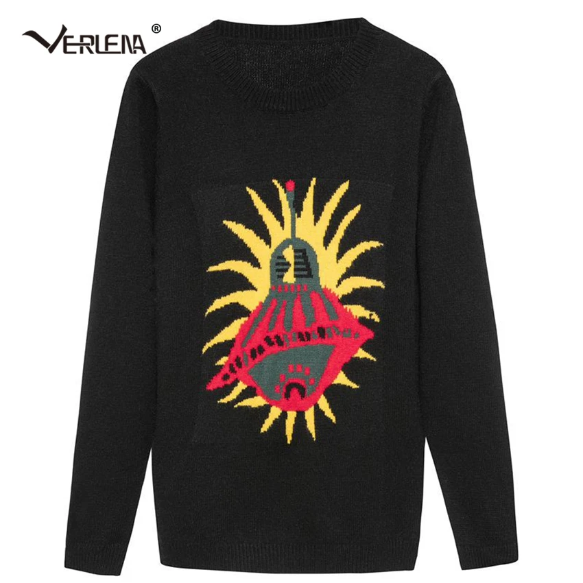2018 Verlena Winter Knitted Cashmere Sweater UFO Print Jumper Long Sleeve O-Neck Casual Women Sweaters and Pullovers Pull Femme | Женская