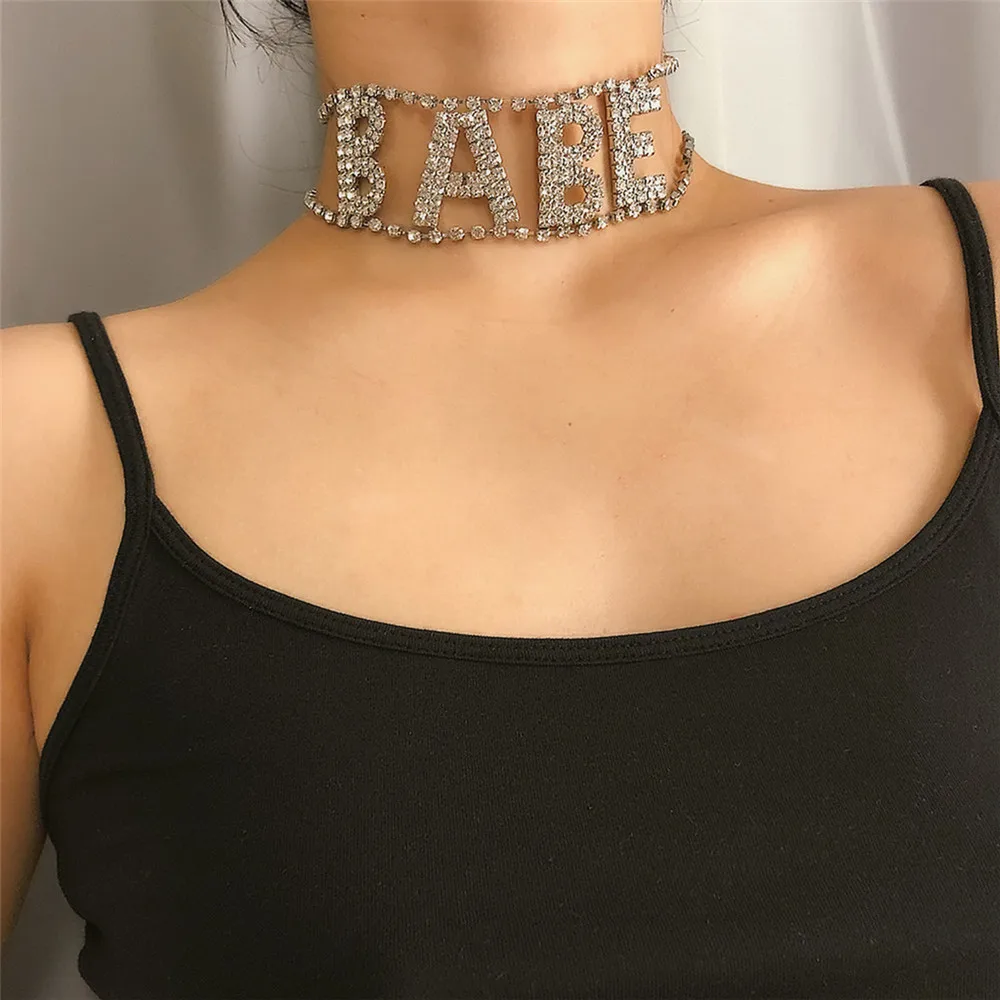 Newest fashion jewelry Necklaces Crystal English alphabet BABE chain Pendant  Long Necklace For Woman Party Fashion Jewelry