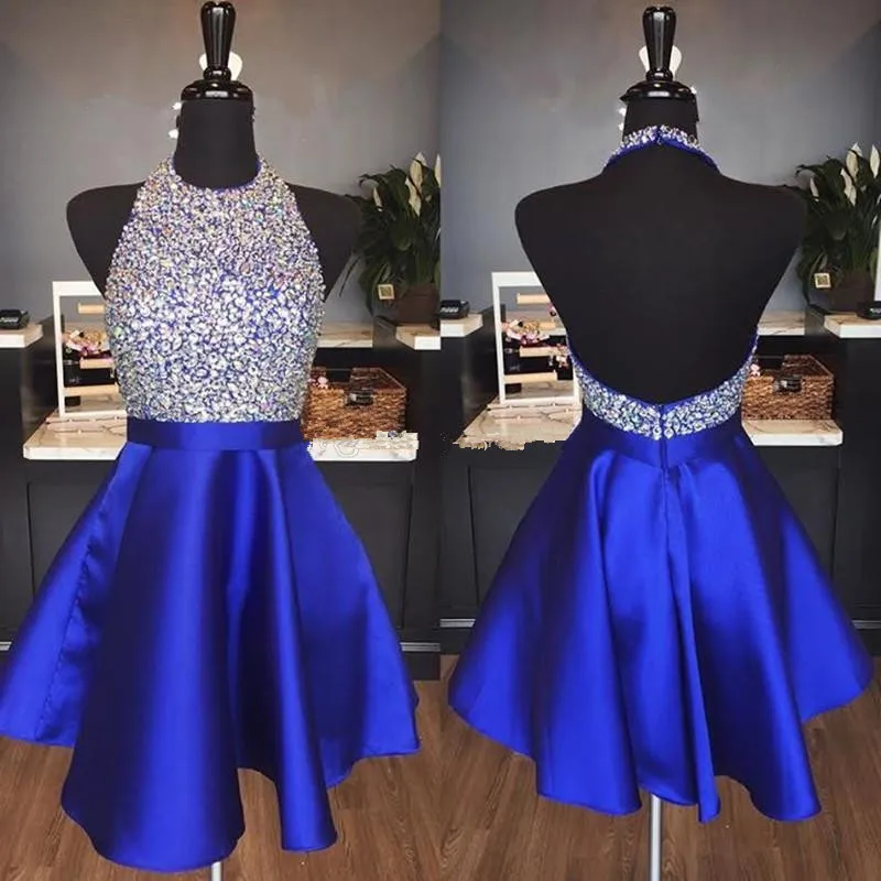 Blue Homecoming Dresses A-line Halter Beaded Crystals Backless Short Mini Elegant Cocktail | Свадьбы и торжества