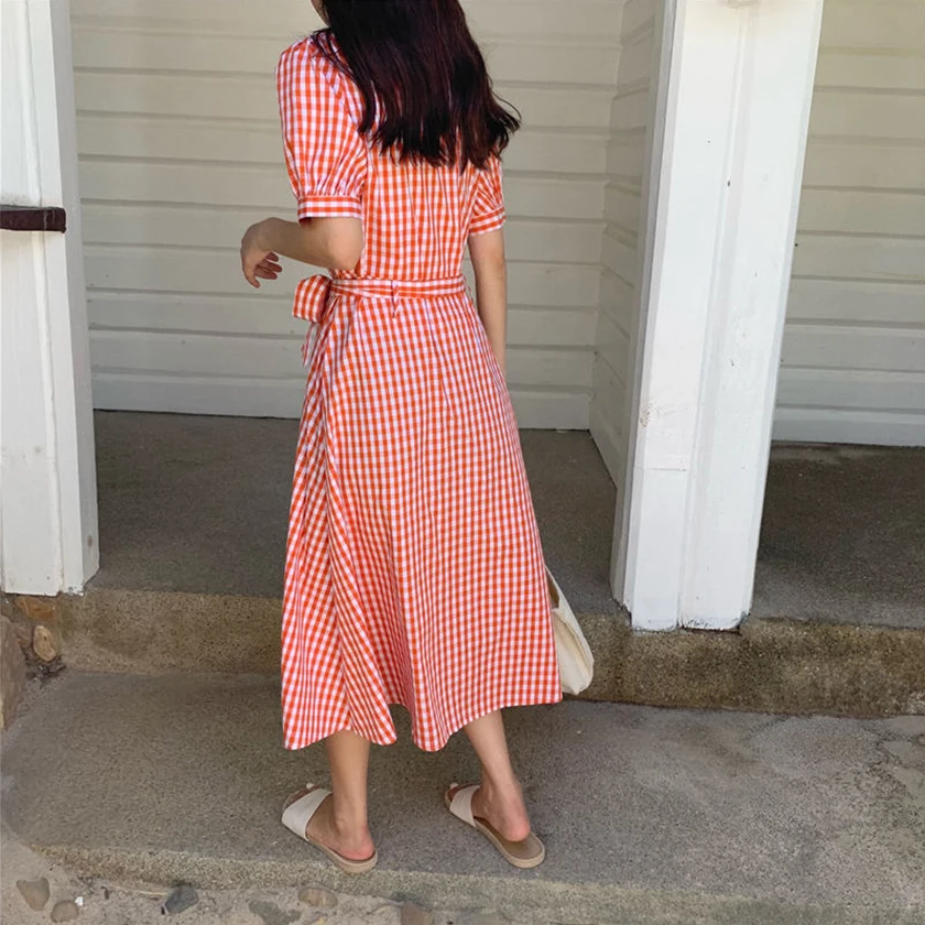 Women Summer Plaid Single Breasted Long Dress V Neck High Waist Short Sleeve Dresses Korean Style Clothing With Belt D97201F | Женская
