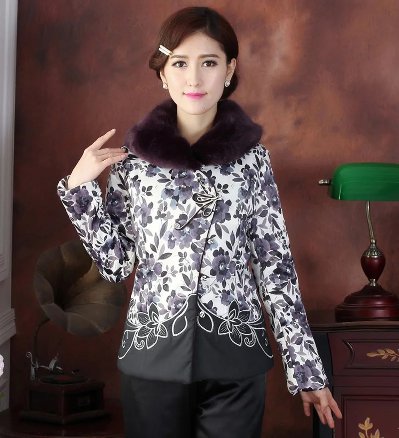 Новинка 2015 Китайская традиционная Женская зимняя куртка с вышивкой в виде цветов