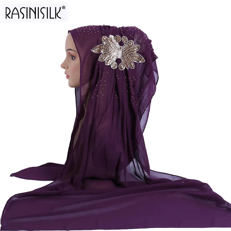 

Summer Premium Bubble Chiffon Women Scarves Shawls Muslim Hijabs Headscarf Exquisite Rhinestone Arab Islamic Voile 27.5*67inch