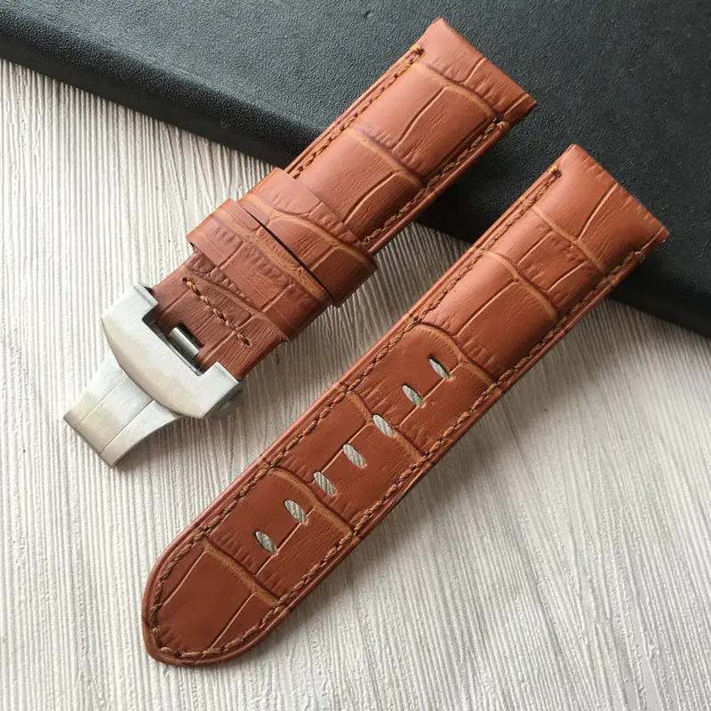 brown 2 silver clasp 24 мм ручной работы черного и синего цвета прошитый ремешок из натуральной телячьей кожи ремешок для наручных часов с пряжкой ремешок для наручных часов Panerai PAM - Цвет ремешка: brown 2 silver clasp