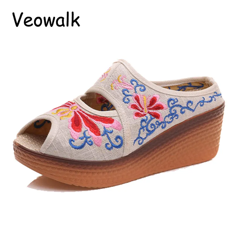 Женские холщовые туфли ручной работы Veowalk винтажные удобные льняные с вышивкой