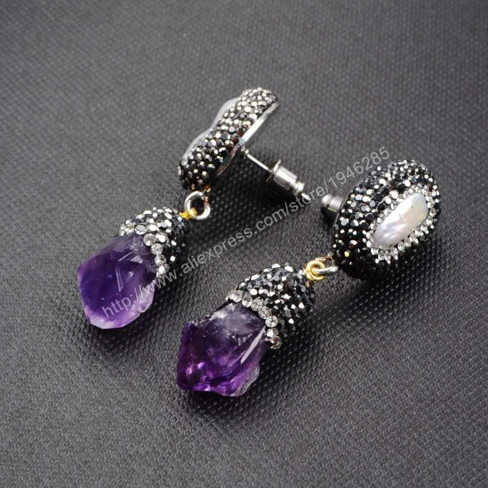 Vintage Stylish Pearl Drop Earrings Handcraft &amp Natural Amethyst Quartz With Black Gun ZC Stone Dangle Druzy J02 | Украшения и