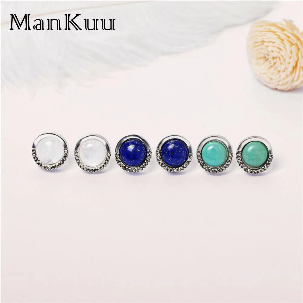 AAA+ Lapis Lazuli/Turquoise/Moonstone Stud Earrings 925 Sterling Silver Luxury Natural Gemstone For Women | Украшения и