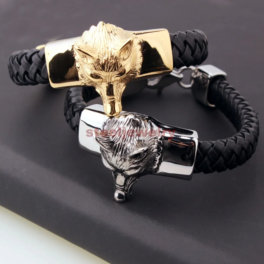 New Cool Men's Silver/Gold Stainless Steel Wolf Braided Black Genuine Leather Bracelet 8.26&quot15mm | Украшения и аксессуары