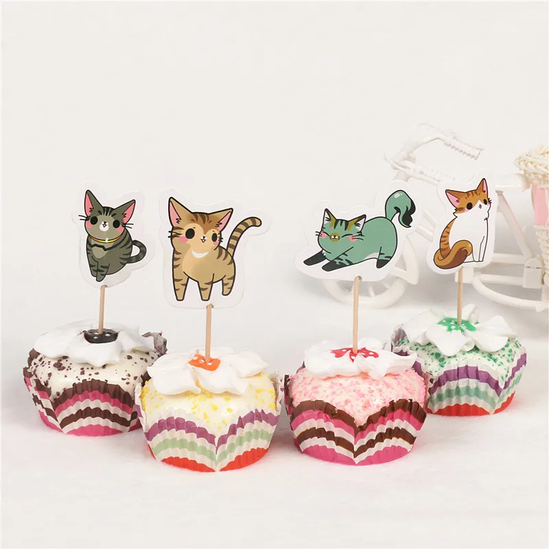 24 шт./компл. прекрасный кот украшения для капкейков мороженое торт топперы
