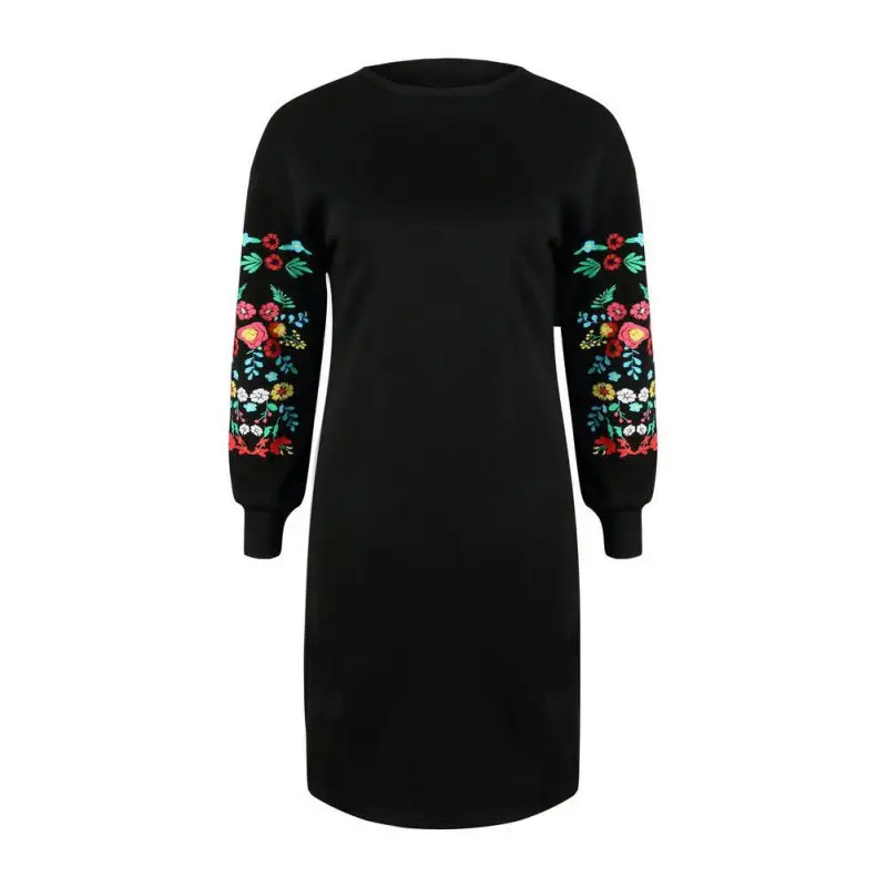 Women Sexy Print Flower Autumn Winter O-Neck Plus Size Loose Long Sleeve Slim Stretch Dress | Женская одежда