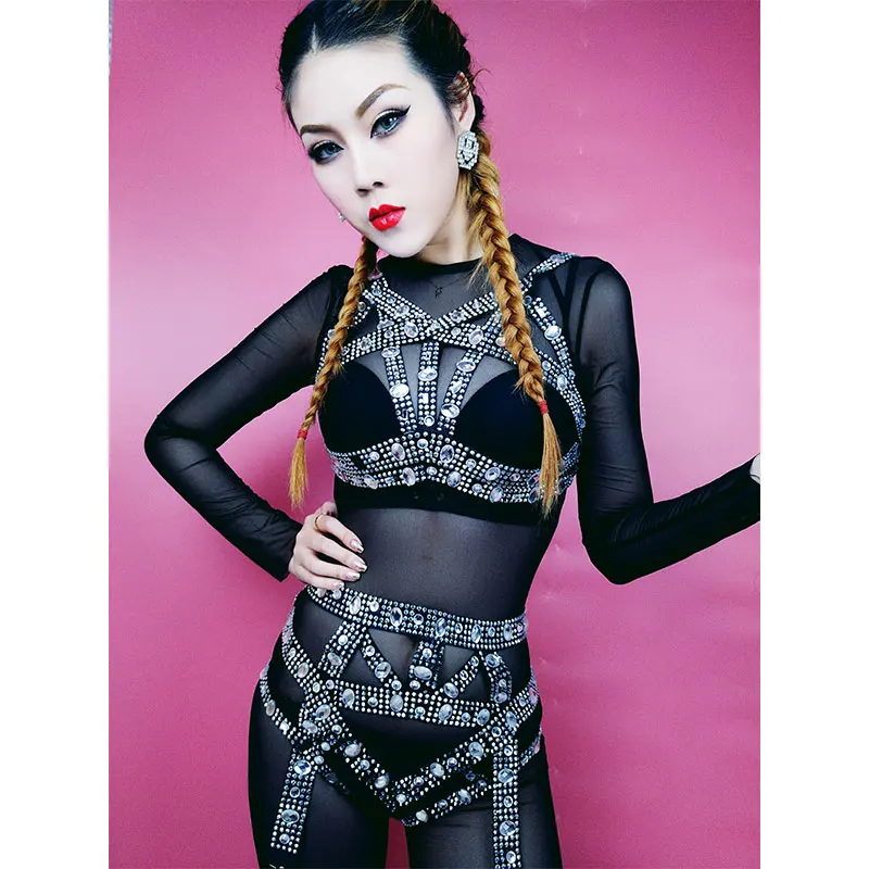 

black Sexy perspective Rhinestones Jumpsuit Stage Wear Costume Rompers Women's Stretch Bodysuit sets Birthday Celebrate