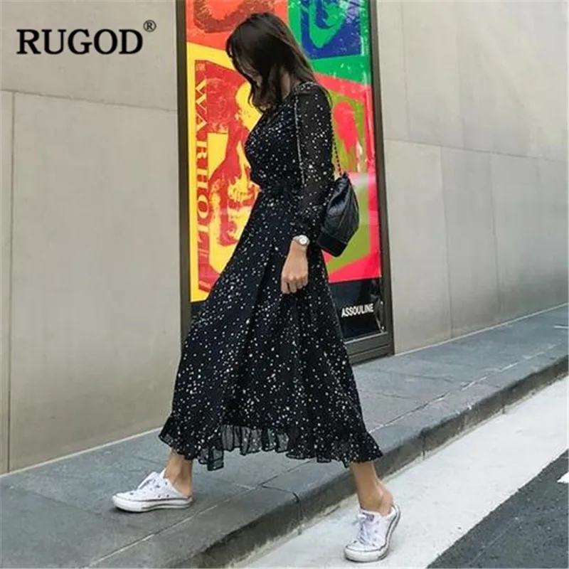 Шикарное длинное платье RUGOD с принтом звезд женское модное черное шифоновое