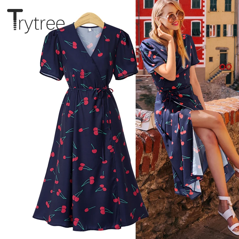 Платье Trytree женское повседневное с принтом вишни треугольным вырезом