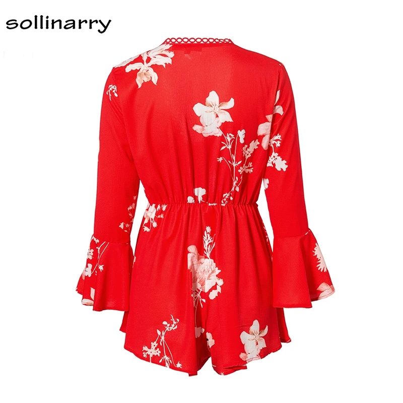 Sollinarry Sexy Lace Up Red Floral Print Women Rompers Boho Beach 2018 Summer Long Flare Sleeve Overalls V Neck Playsuits |