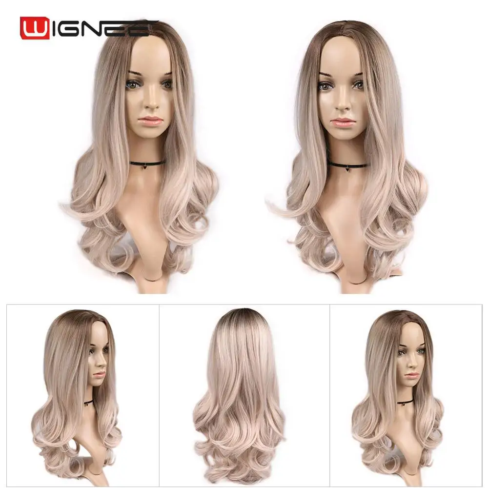 Ombre Ash Blonde Wignee средняя часть синтетические парики для женщин термостойкие длинные волнистые парик натуральный черный/фиолетовый/розовый/Пепельный блонд/коричневый косплей парик - Цвет: Ombre Ash Blonde