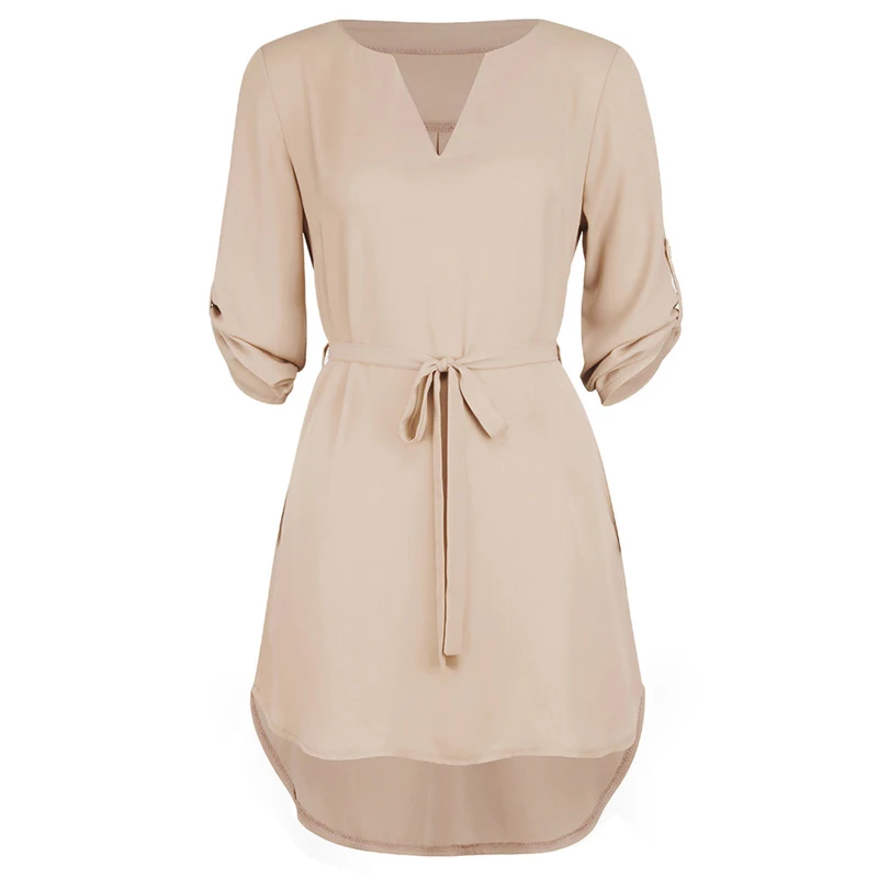 Хаки Женское пляжное платье, короткая туника, рубашки, платье Vestidos, одноцветное, v-образный вырез, сарафан, Ретро стиль, карманы, свободные, шифон, вечерние, платье - Цвет: Хаки