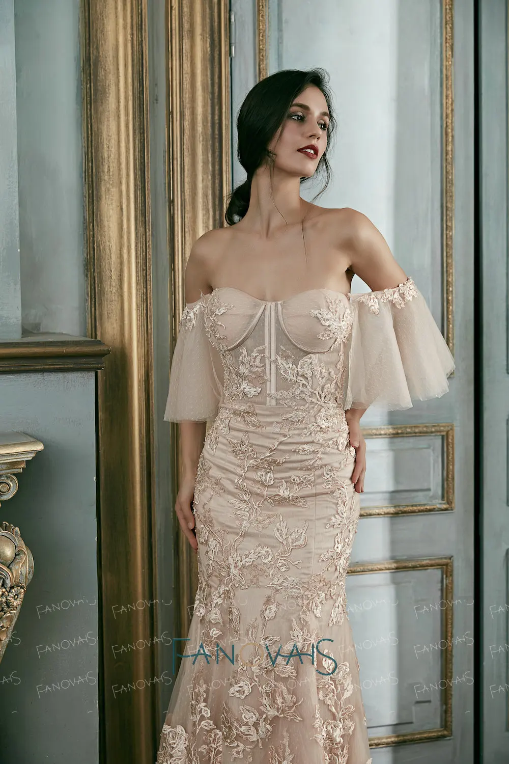 Румяна Розовое Кружево Вечерние Платья Съемные Рукава Партии Длинные Vestido De Festa