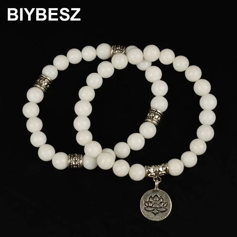 White Natural Stone OM Lotus Buddha Beads Bracelet Yoga Chakra Mala Women Men Beaded Charm Handmade Jewelry | Украшения и