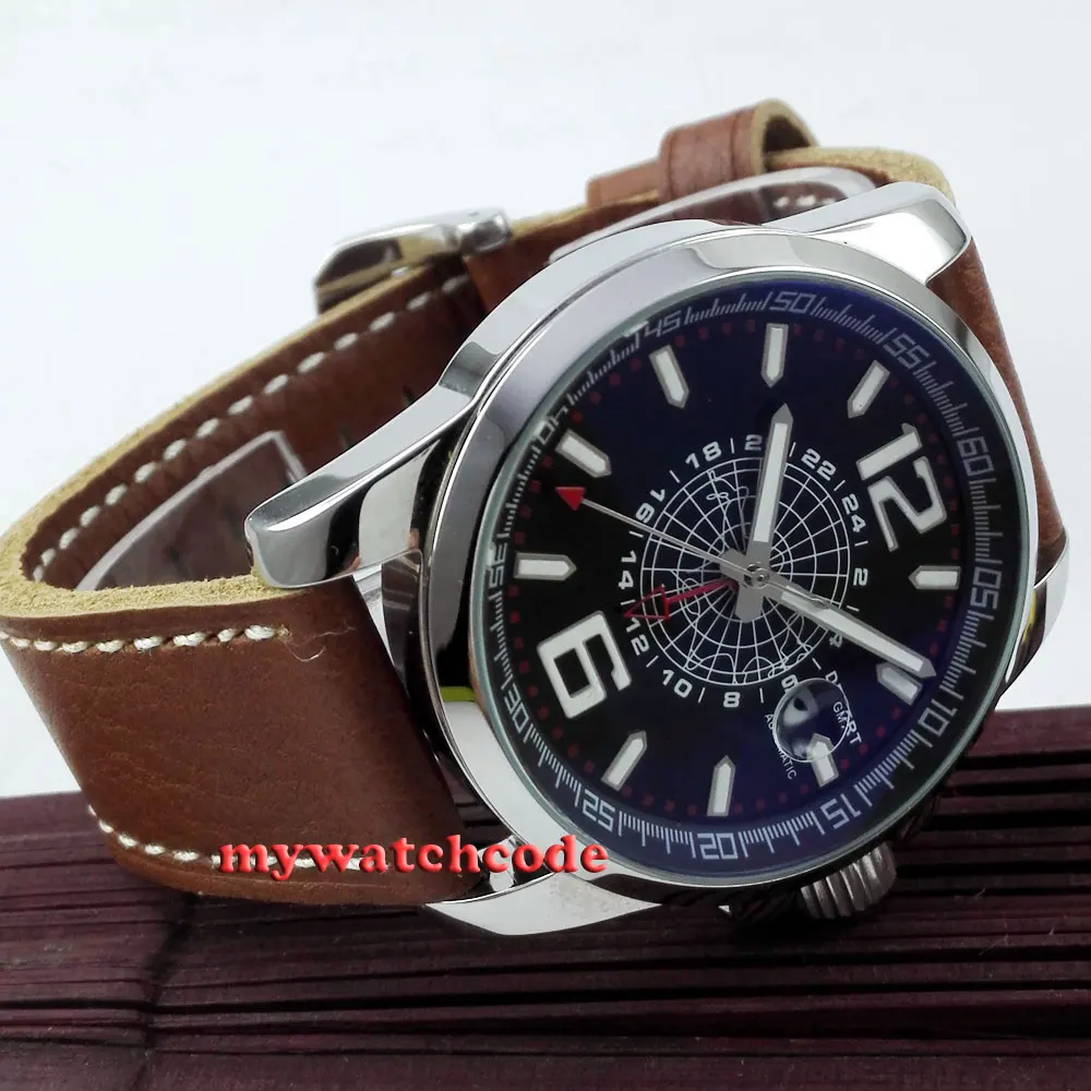 44 мм деберт черное окно с датой набора GMT автоматический кожаный ремешок мужские