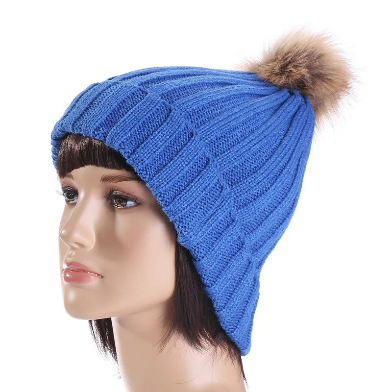 Зимняя женская шапка с искусственного меха кабель вязать Полосатый Pom Beanie Топ