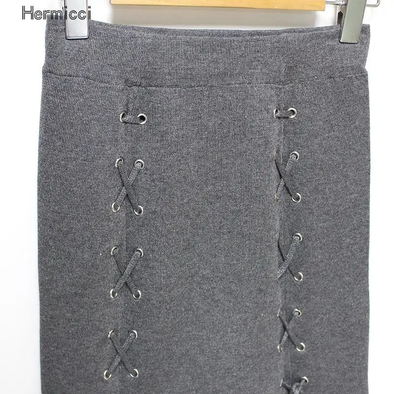 

Hermicci 2017 Autumn Lace Up Knitted Pencil Skirt Winter 2017 Cross High Waist Skirt Split Bodycon Short Skirts