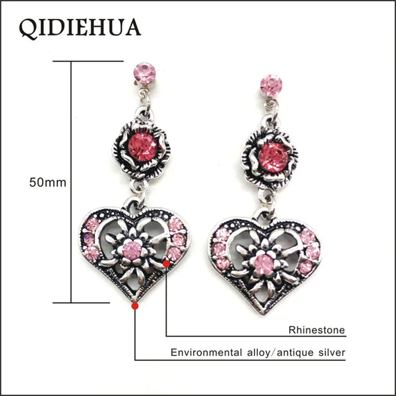 Богемные висячие серьги женские 5 цветов Стразы Любовь Сердце цветок сплав