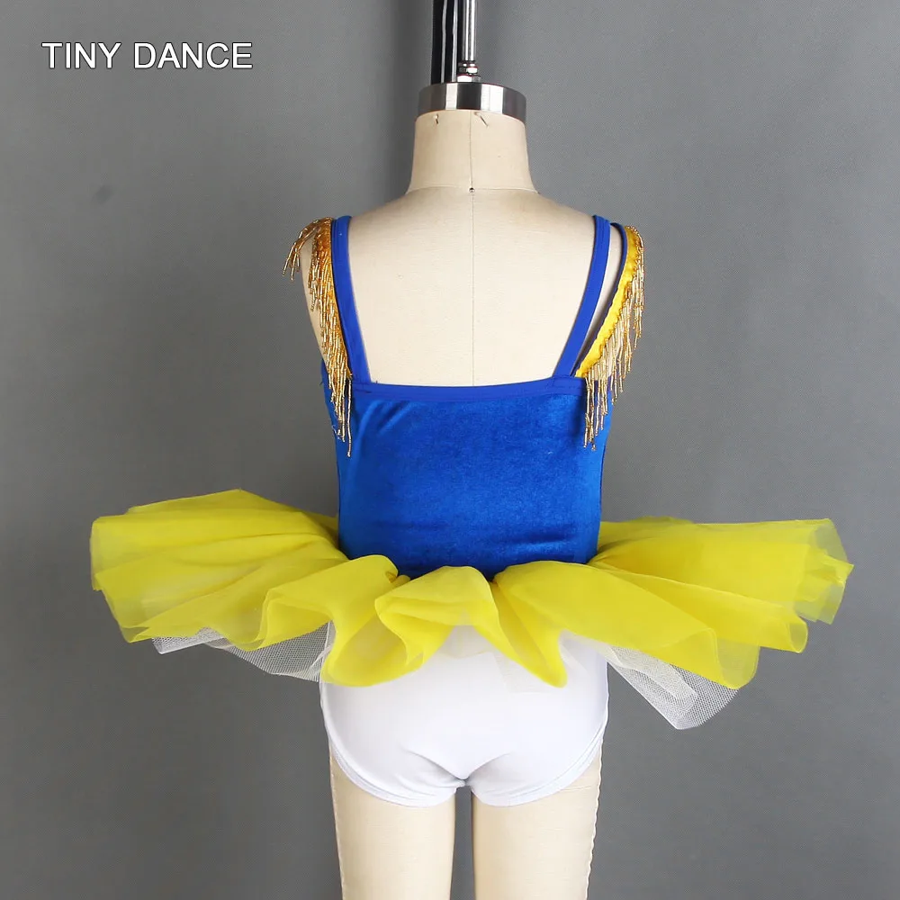 Детский танцевальный костюм королевский синий бархатный лиф с желтой